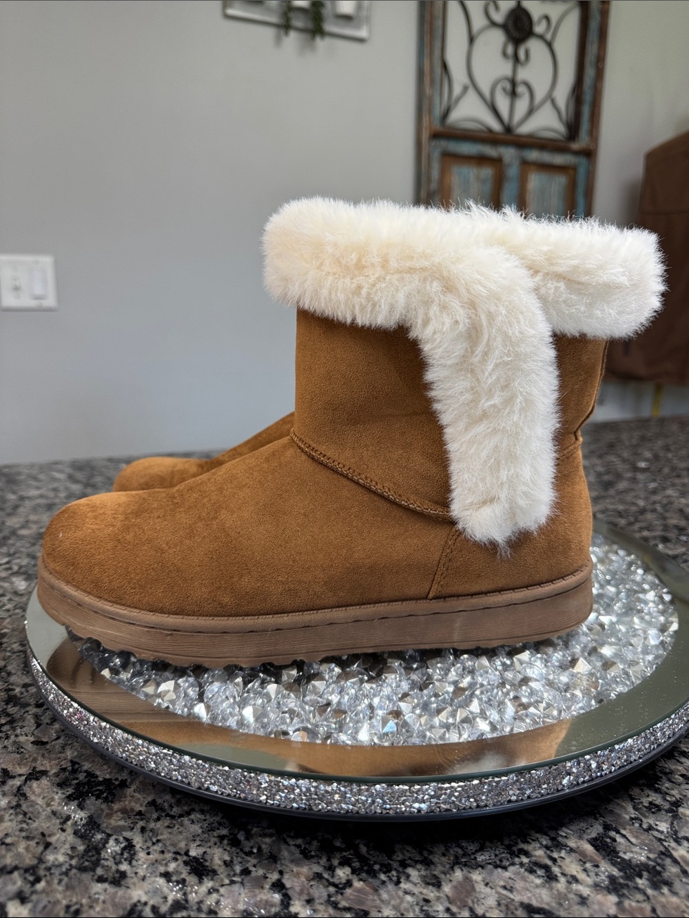 SO Tan faux Suede Winter Boots with Cream Faux Fur Trim